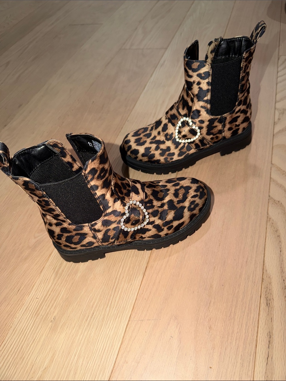Leopard Print Ankle Boots with Rhinestone Heart Buckle
